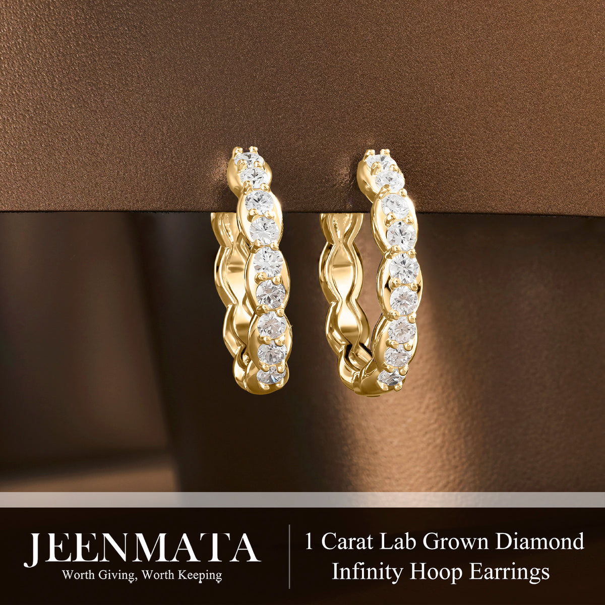 JeenMata Lab Grown Diamond 1.25 Carat Infinity-Inspired Hoop Earrings in 18K Yellow Gold Plating for Women
