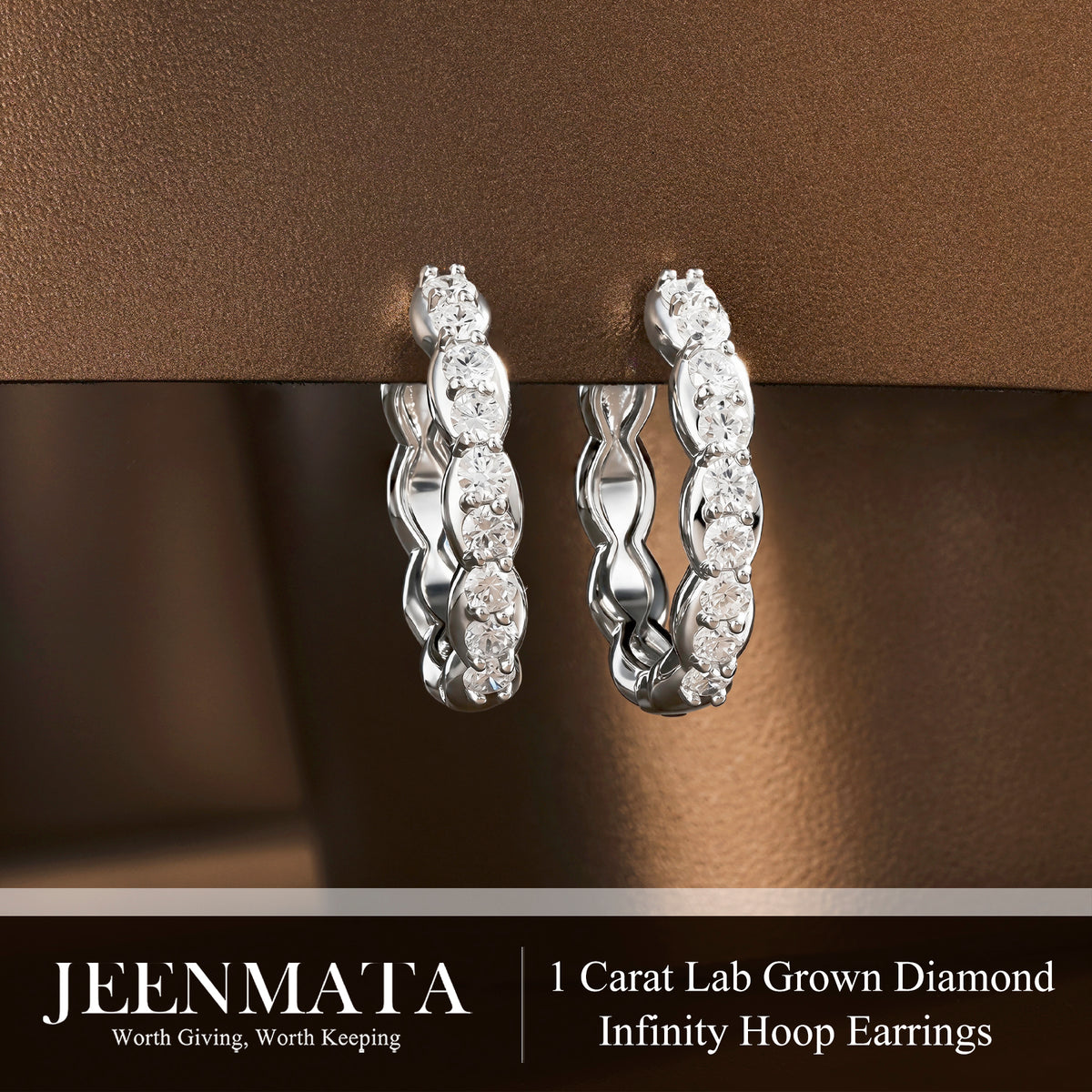 JeenMata Lab Grown Diamond 1.25 Carat Infinity-Inspired Hoop Earrings in 18K White Gold Plating for Women