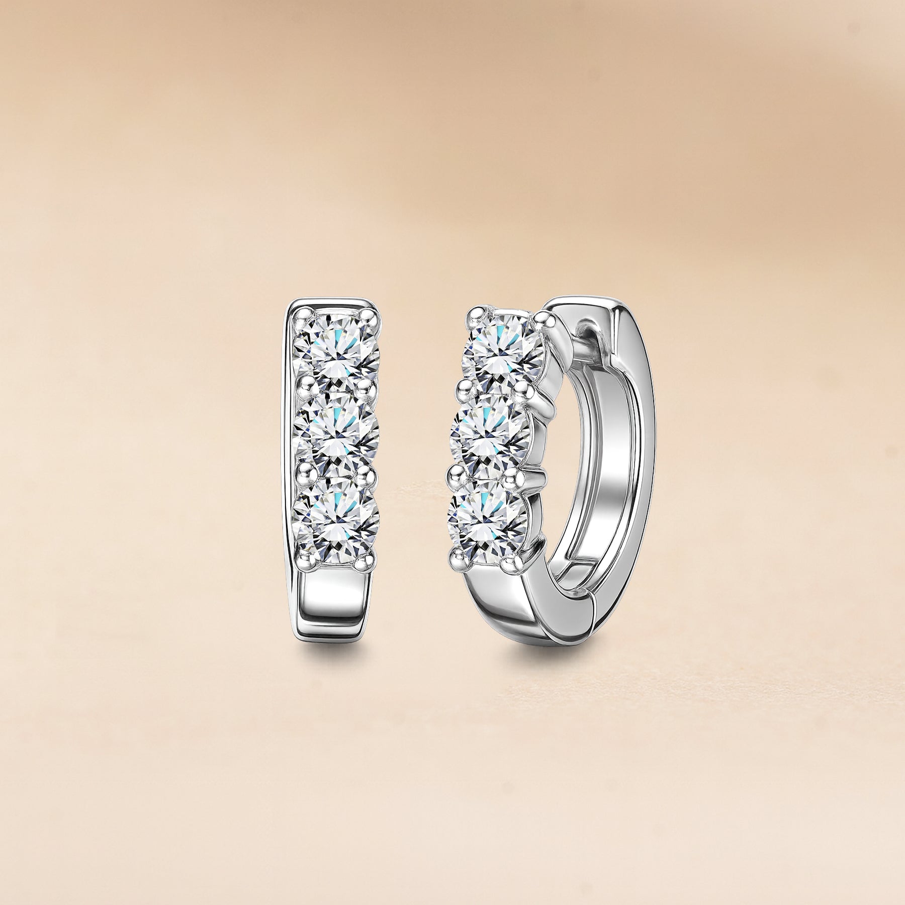 JeenMata 1 Carat Lab Grown Diamond Huggie Hoop Earrings - Round Cut Three Stones Huggie Earrings in 18K White Gold Plating for Women