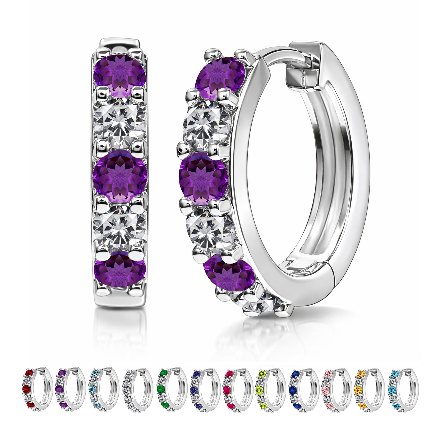 JeenMata 2 Carat February Birthstone - Amethyst & Cubic Zirconia Hoop Earrings - Multicolor Birthstone Earrings in 18K White Gold Plating for Women