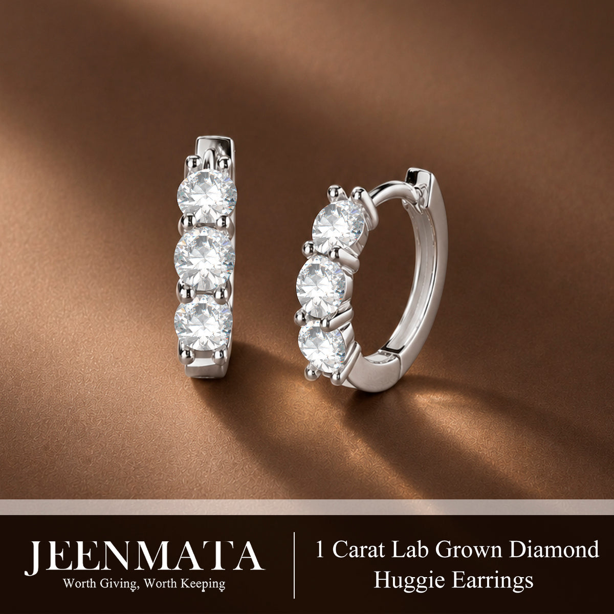 JeenMata 1 Carat Lab Grown Diamond Huggie Hoop Earring - Round Cut Three Stones Huggie Earrings in 18K White Gold Plating for Women, Gift for Her