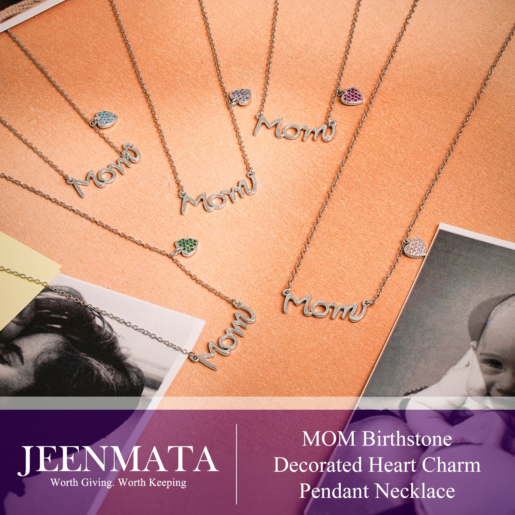JeenMata Mom Pendant - Garnet January Birthstone Decorated Heart Charm Pendant Necklace in 18K White Gold Plating, Mother's Day, Gift for MOM