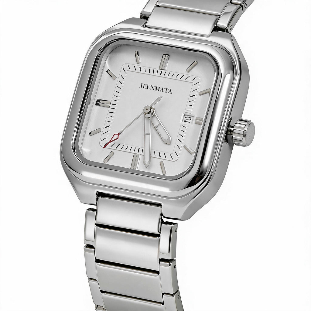 JeenMata Men’s Square Stainless Steel Watch, Water Resistant White Textured Dial with Date Window