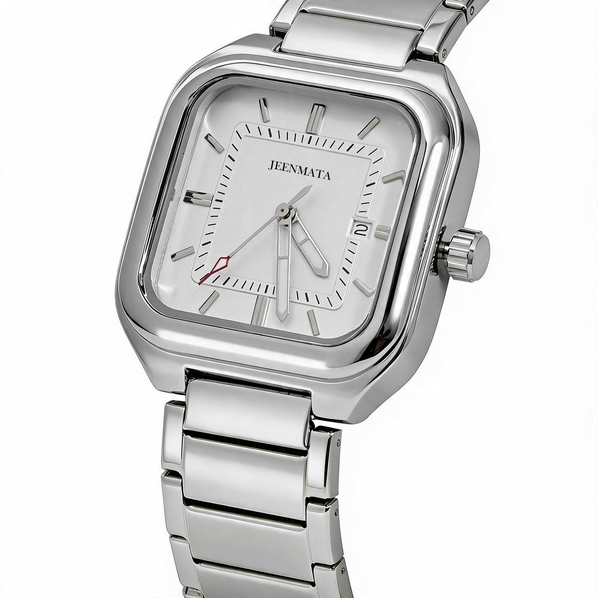 JeenMata Men’s Square Stainless Steel Watch, Water Resistant White Textured Dial with Date Window