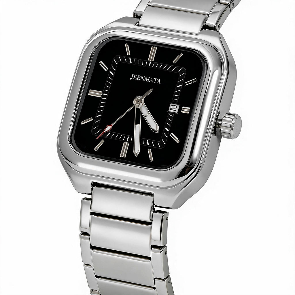 JeenMata Men’s Square Stainless Steel Watch, Water Resistant Black Textured Dial with Date Window