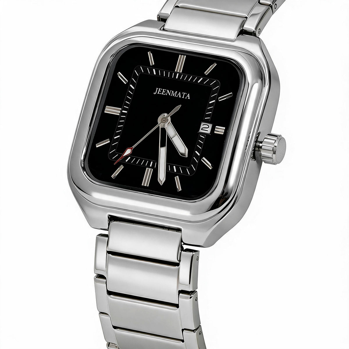 JeenMata Men’s Square Stainless Steel Watch, Water Resistant Black Textured Dial with Date Window