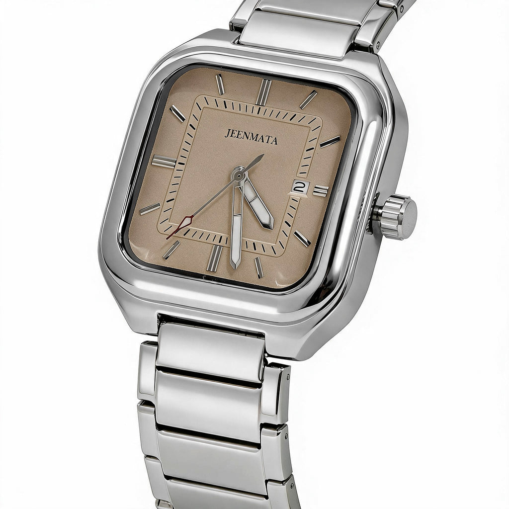 JeenMata Men’s Square Stainless Steel Watch, Water Resistant Beige Textured Dial with Date Window