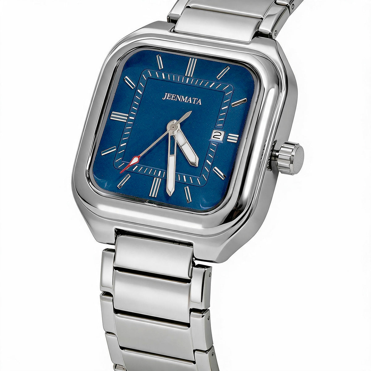 JeenMata Men’s Square Stainless Steel Watch, Water Resistant Blue Textured Dial with Date Window