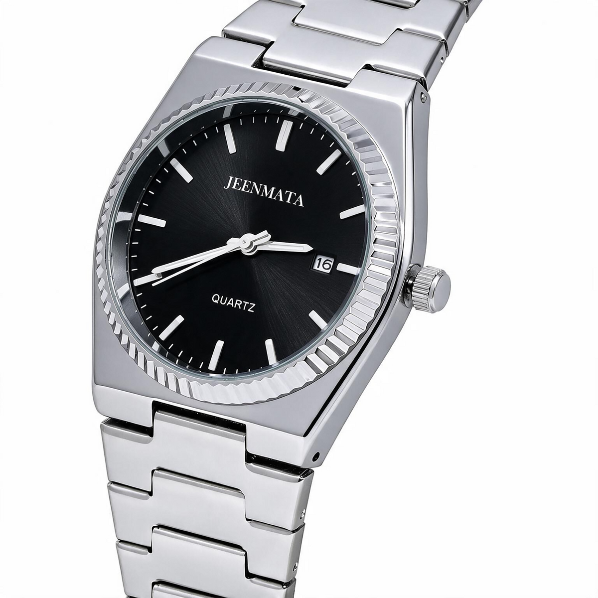 JeenMata Men’s Stainless Steel Integrated Bracelet Watch, Water-Resistant Black Dial with Fluted Bezel & Date