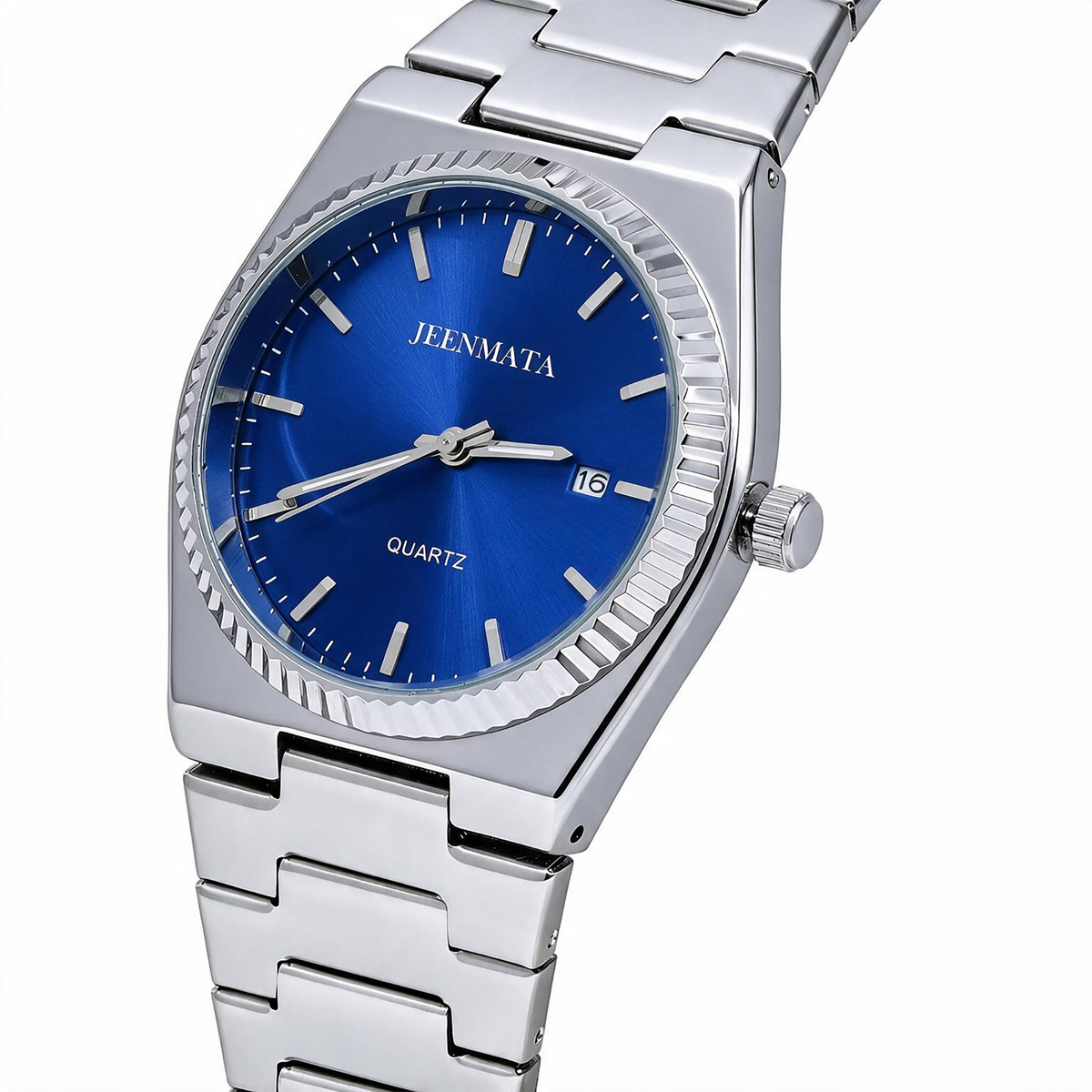 JeenMata Men’s Stainless Steel Integrated Bracelet Watch, Water-Resistant Sunray Blue Dial with Fluted Bezel & Date