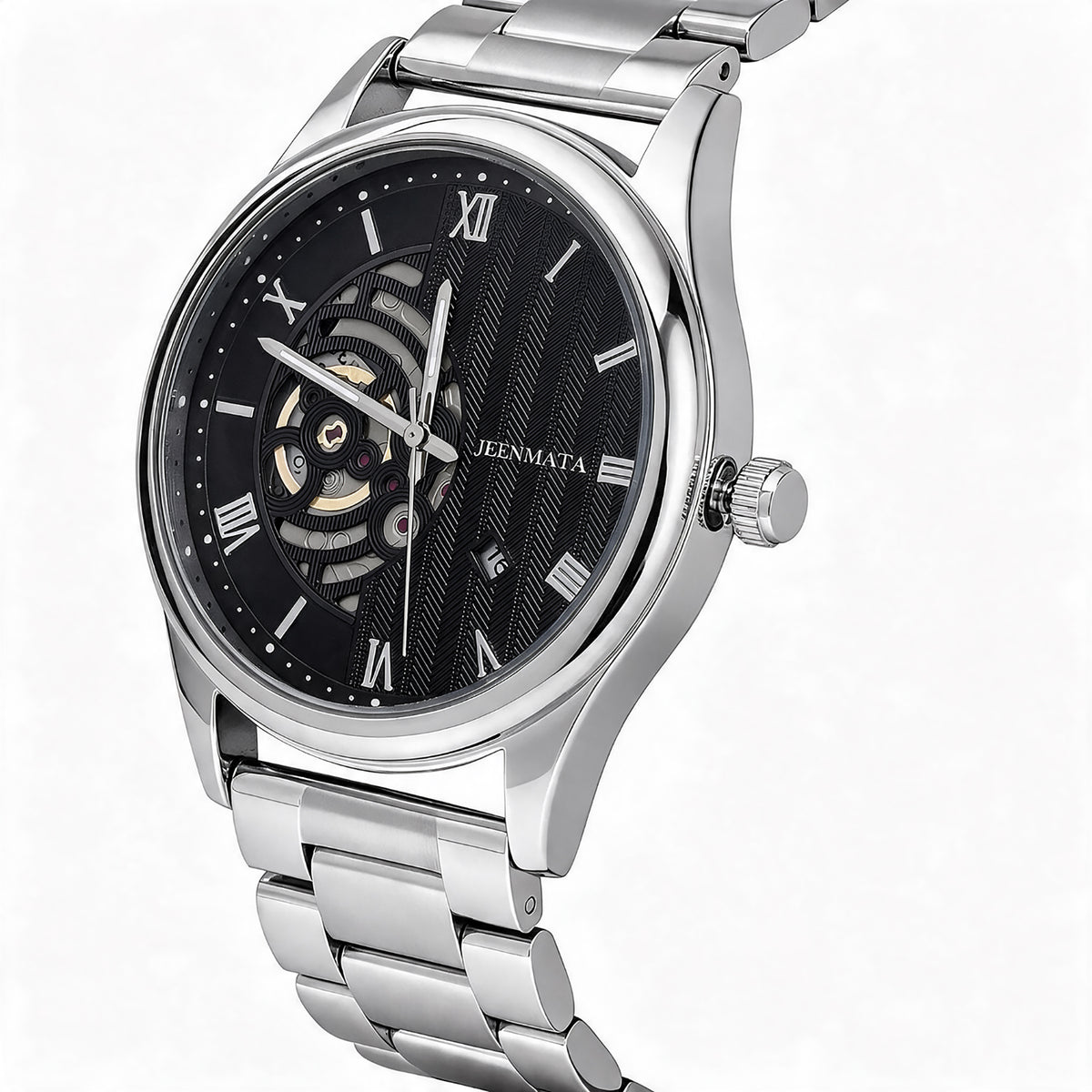 JeenMata Men’s Skeleton Dial Stainless Steel Watch, Water-Resistant Black Dial with Roman Numerals