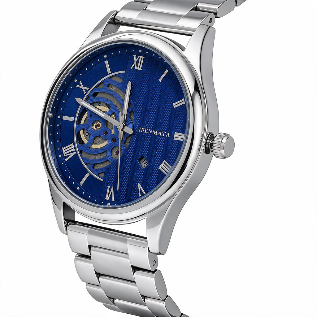 JeenMata Men’s Skeleton Dial Stainless Steel Watch, Water-Resistant Blue Dial with Roman Numerals