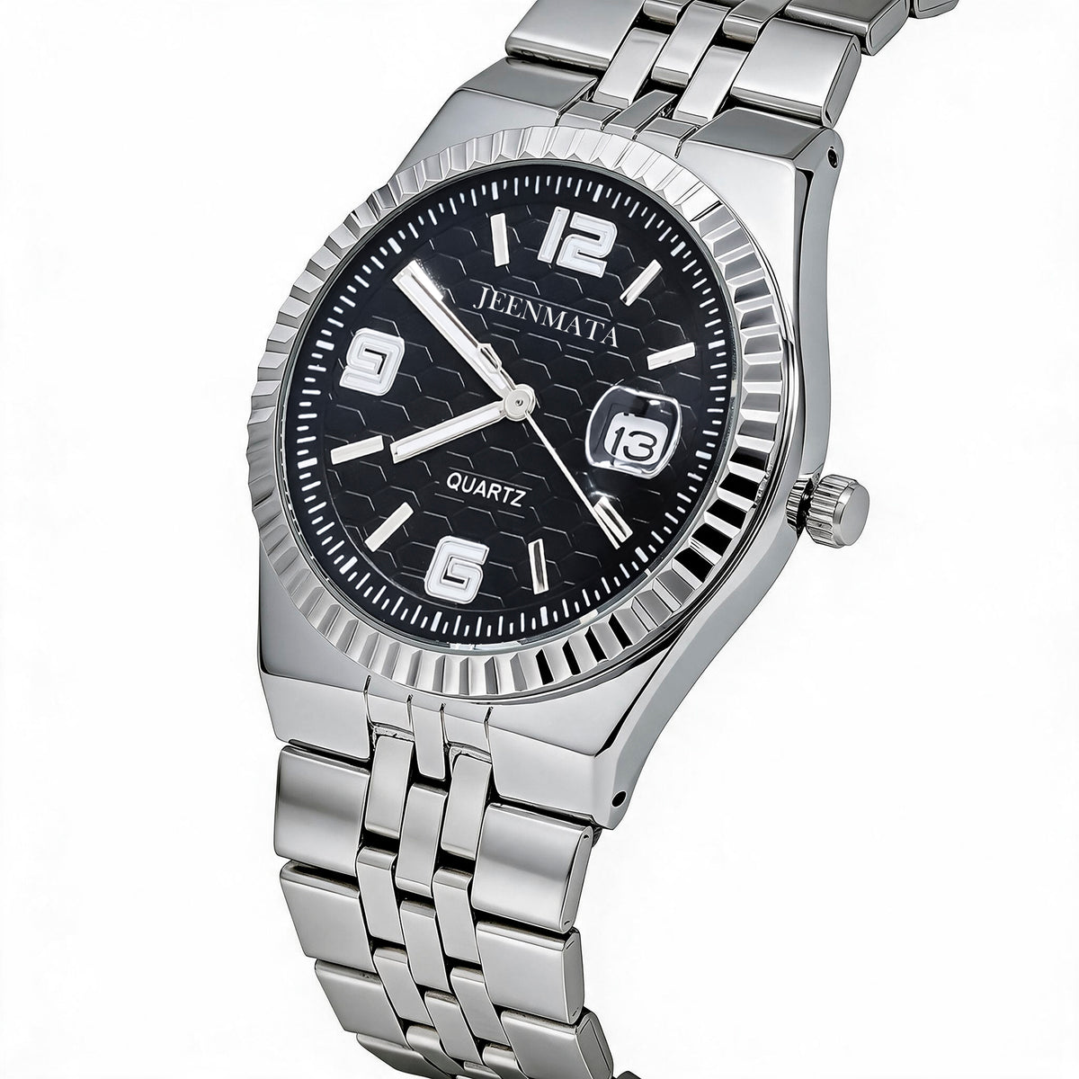 JeenMata Men’s Stainless Steel Fluted Bezel Watch, Water-Resistant Black Patterned Dial with Date & Cyclops Lens