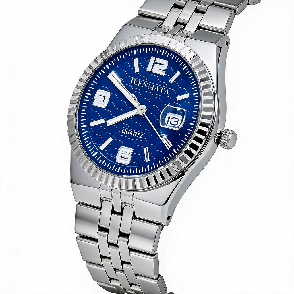 JeenMata Men’s Stainless Steel Fluted Bezel Watch, Water-Resistant Sunray Blue Dial with Date & Cyclops Lens