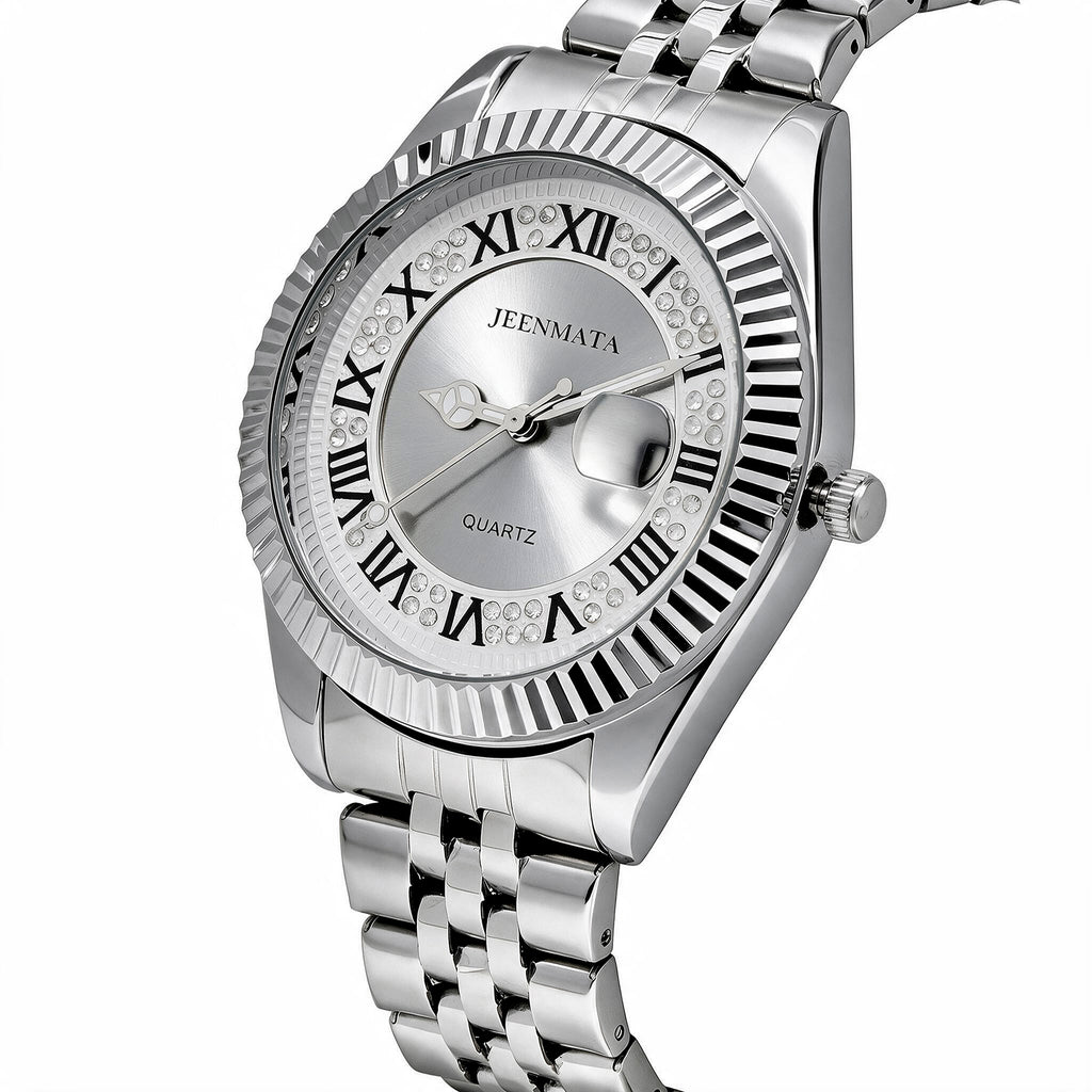 JeenMata Men’s Stainless Steel Watch, Water-Resistant White Dial with Roman Numeral Inner Bezel & Date