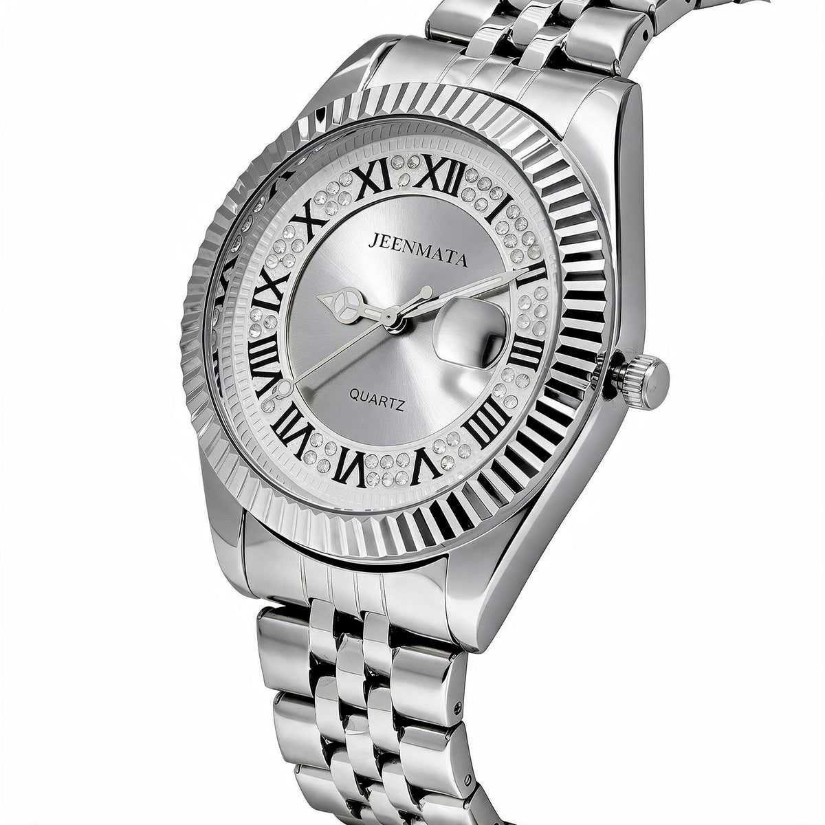 JeenMata Men’s Stainless Steel Watch, Water-Resistant White Dial with Roman Numeral Inner Bezel & Date