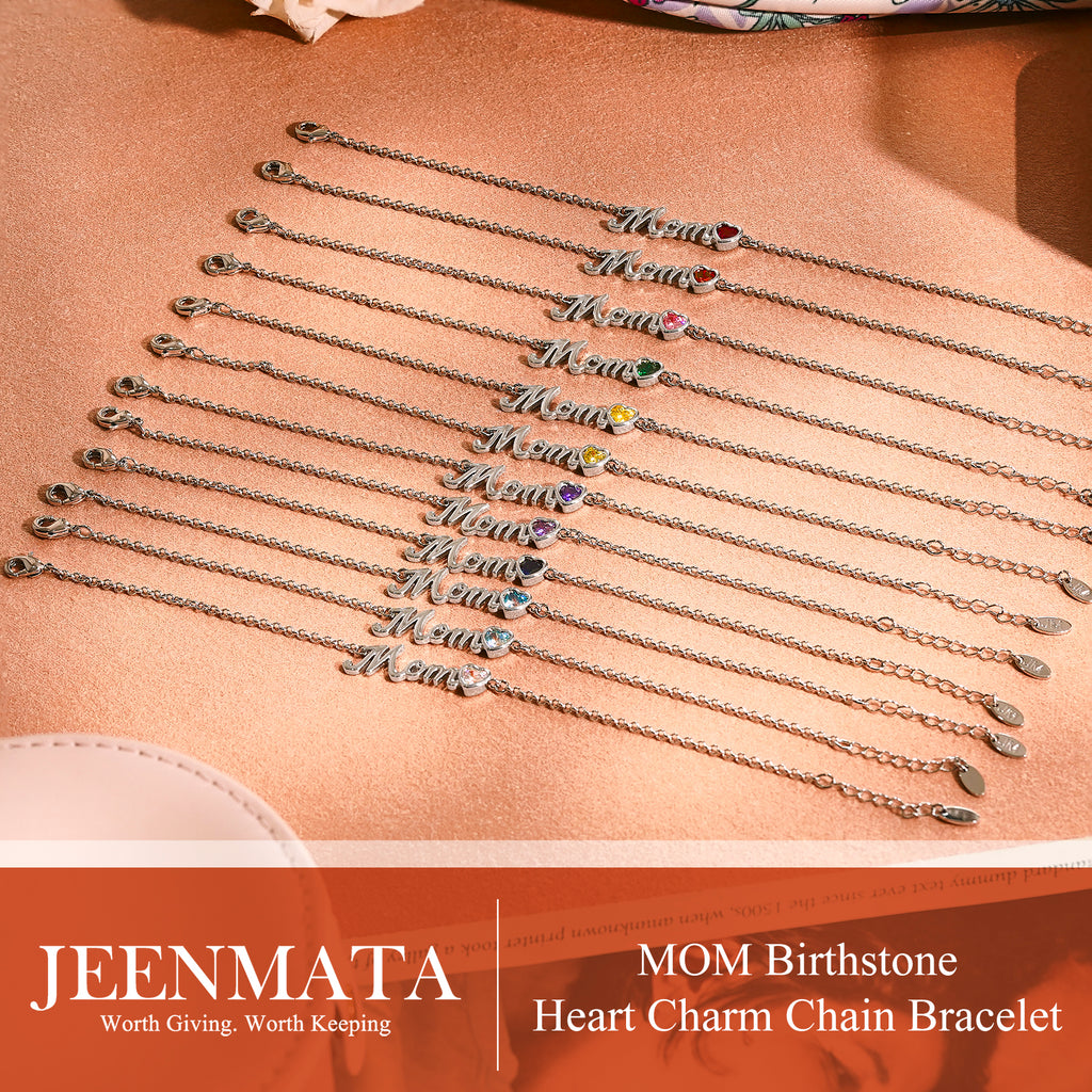 JeenMata MOM May Emerald Birthstone - Heart Charm Chain Bracelet in 18K White Gold Plating for Women, Mother’s Day Gift