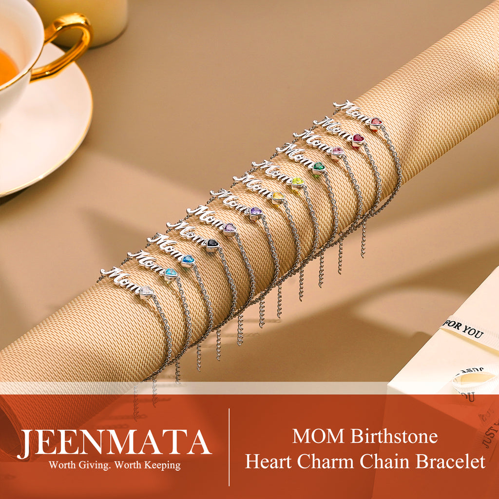 JeenMata MOM May Emerald Birthstone - Heart Charm Chain Bracelet in 18K White Gold Plating for Women, Mother’s Day Gift