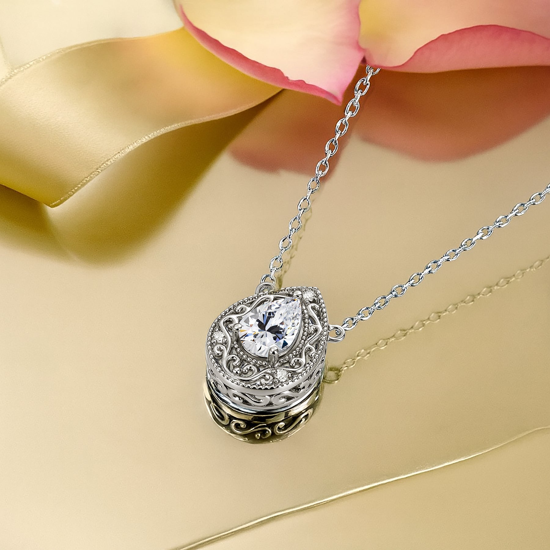 JeenMata 2 Carat Pear Cut Vintage Filigree Necklace - Moissanite Pendant in 18K White Gold Plating for Women
