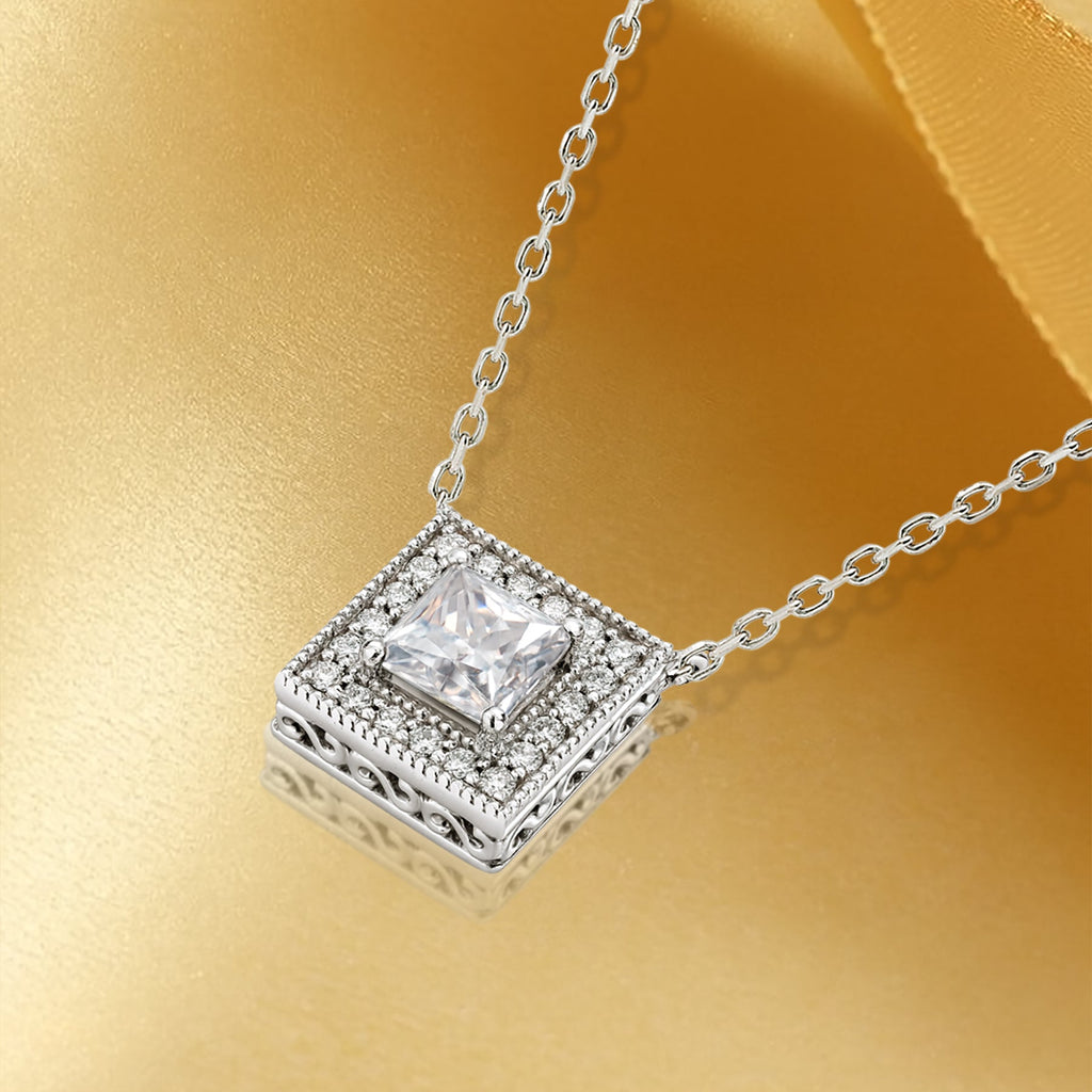 JeenMata 2 Carat Art Deco-Inspired Princess Cut Moissanite Pendant - in 18K White Gold Plating Necklace for Women