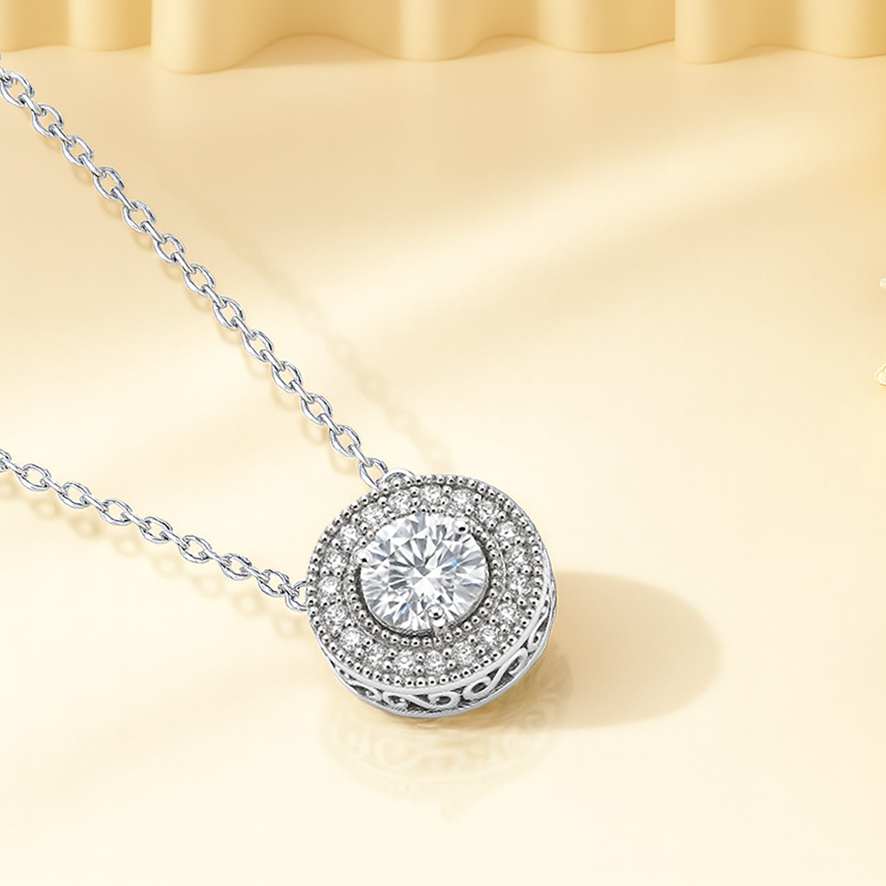 JeenMata 2 Carat Round Halo Moissanite Pendant Necklace - Vintage Inspired Pendant in 18K White Gold Plating for Women