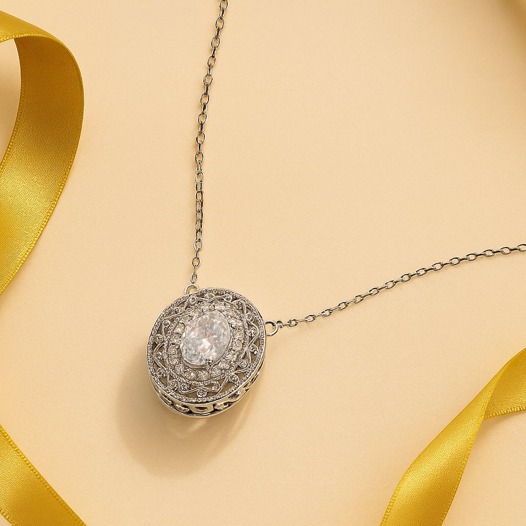 JeenMata 2 Carat Classic Oval Filigree Moissanite Pendant Necklace - in 18K White Gold Plating for Women