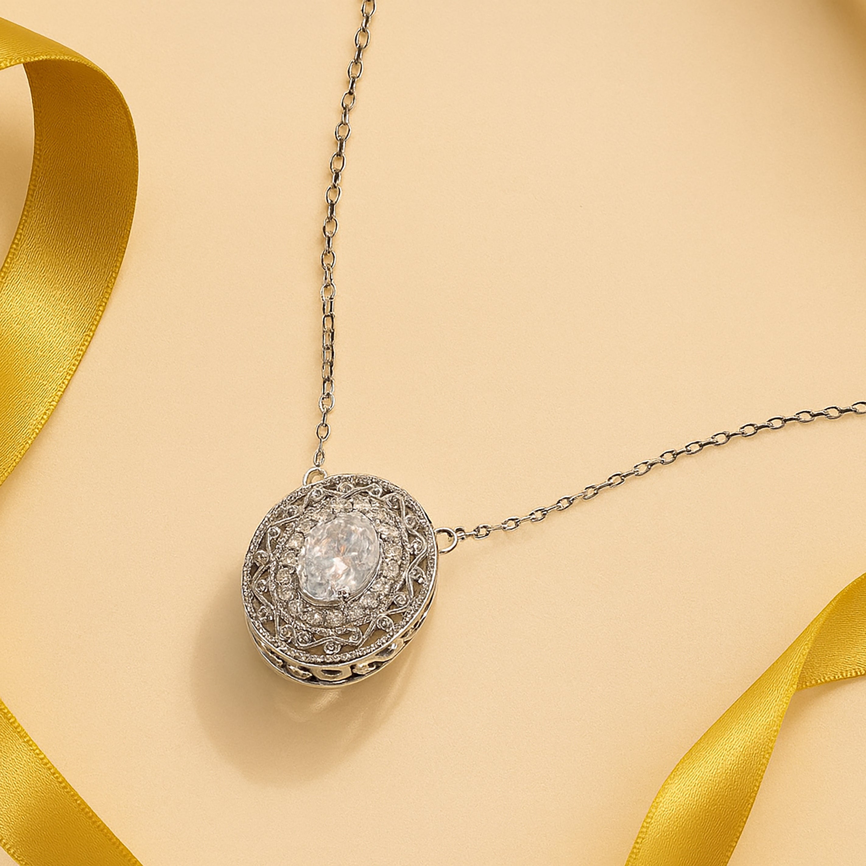 JeenMata 2 Carat Classic Oval Filigree Moissanite Pendant Necklace - in 18K White Gold Plating for Women