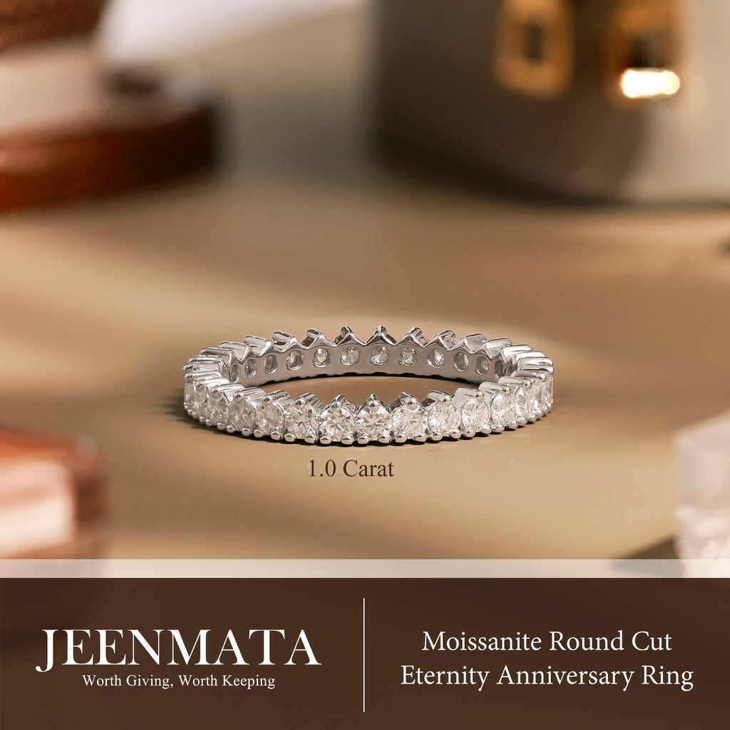 JeenMata 1 Carat Moissanite Round Cut Eternity Anniversary Ring - Classic Eternity Stackable Wedding Rings in 18K White Gold Plating for Women