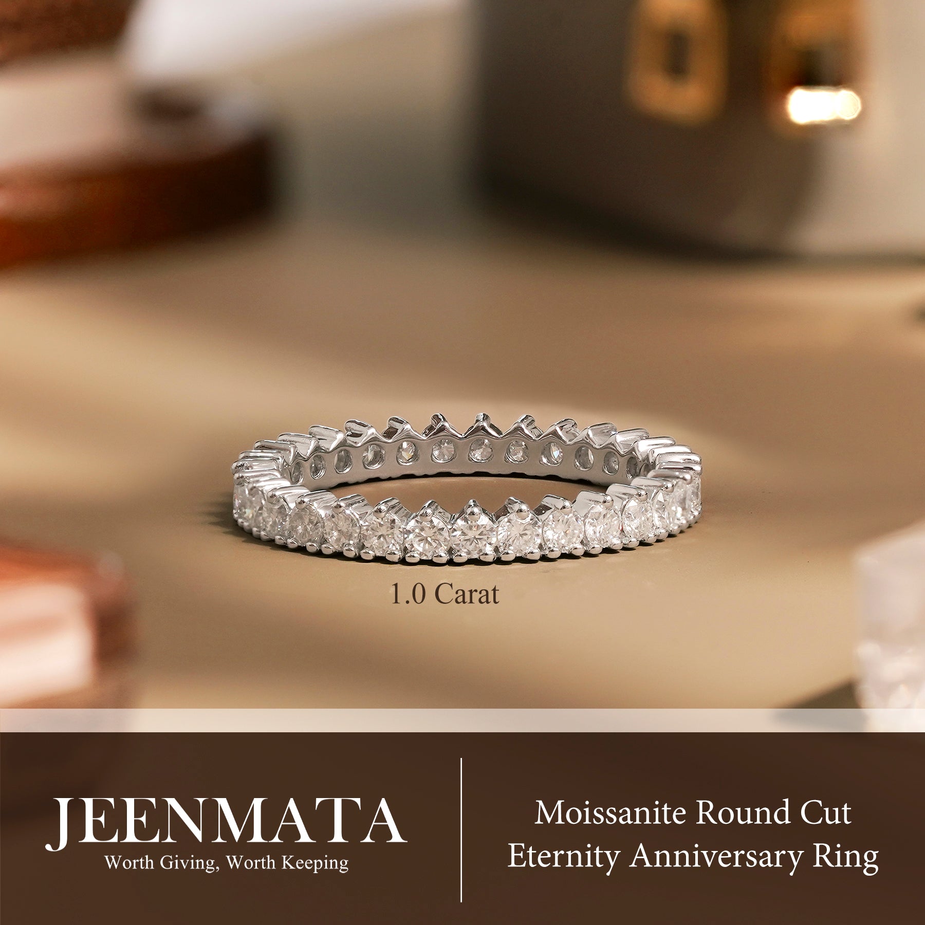 JeenMata 1 Carat Moissanite Round Cut Eternity Anniversary Ring - Classic Eternity Stackable Wedding Rings in 18K White Gold Plating for Women