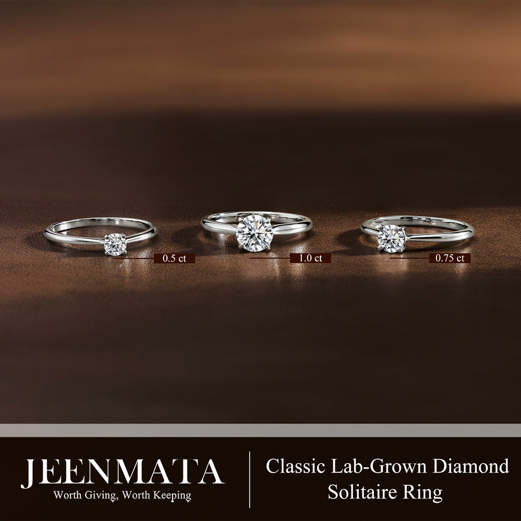 JeenMata Lab Grown Diamond 1 Carat Round Cut Solitaire Engagement Ring in 18K White Gold Plating for Women
