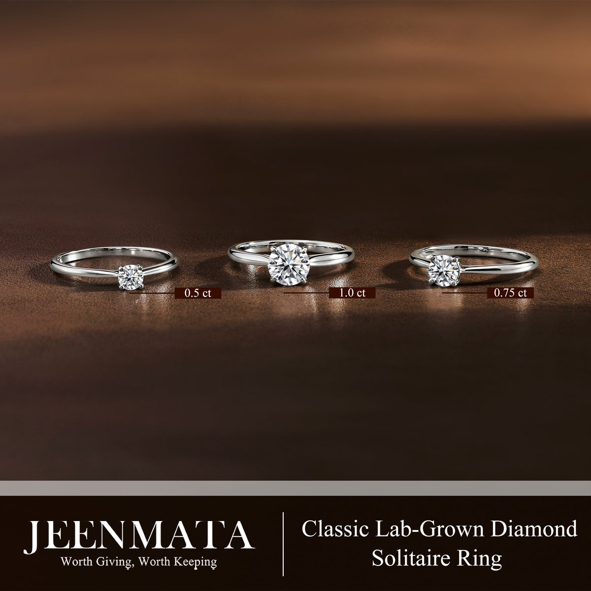 JeenMata Lab Grown Diamond 1 Carat Round Cut Solitaire Engagement Ring in 18K White Gold Plating for Women
