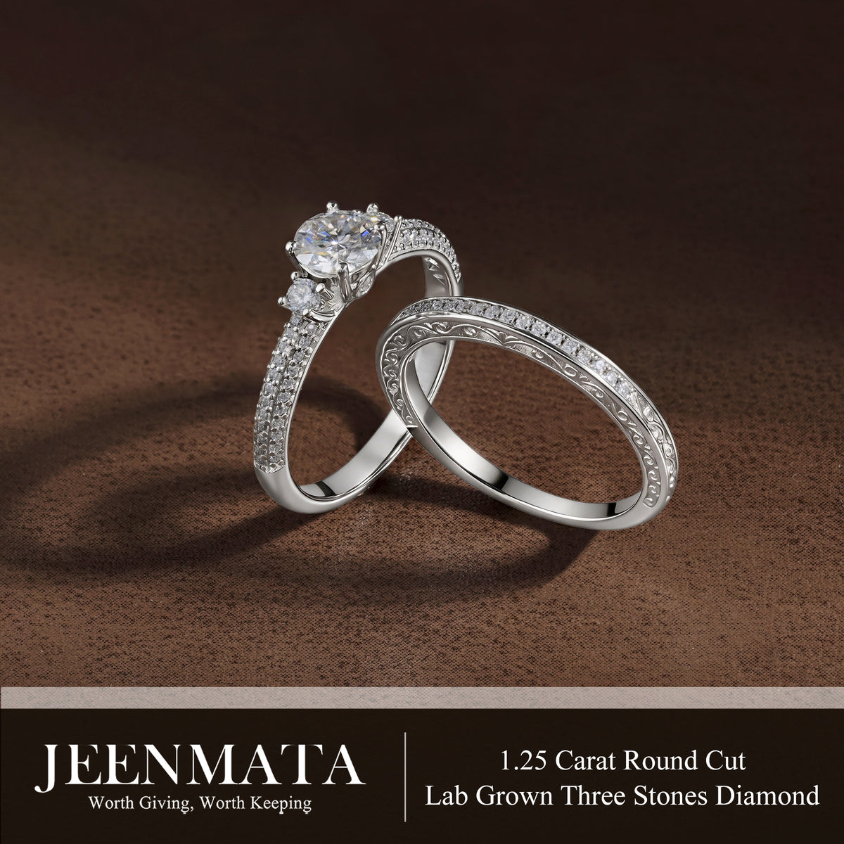 JeenMata 1.25 Carat Round Brilliant Cut Lab Grown Three Stones Diamond - Vintage Design Wedding Ring Set in 18K White Gold Plating for Women