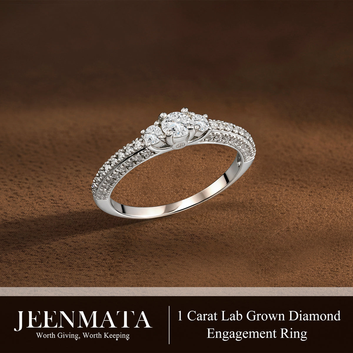 JeenMata 1 Carat Round Cut Lab Grown Diamond Classic Three Stones Engagement Ring - Vintage Style Micro Pave Wedding Ring in 18K White Gold Plating for Women