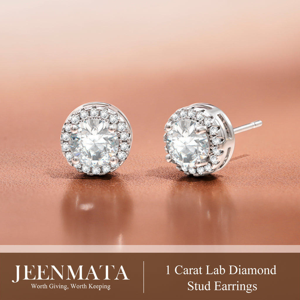 JeenMata Lab Grown Diamond 1 Carat Round Brilliant Cut Halo Stud Earrings in 18K White Gold Plating for Women