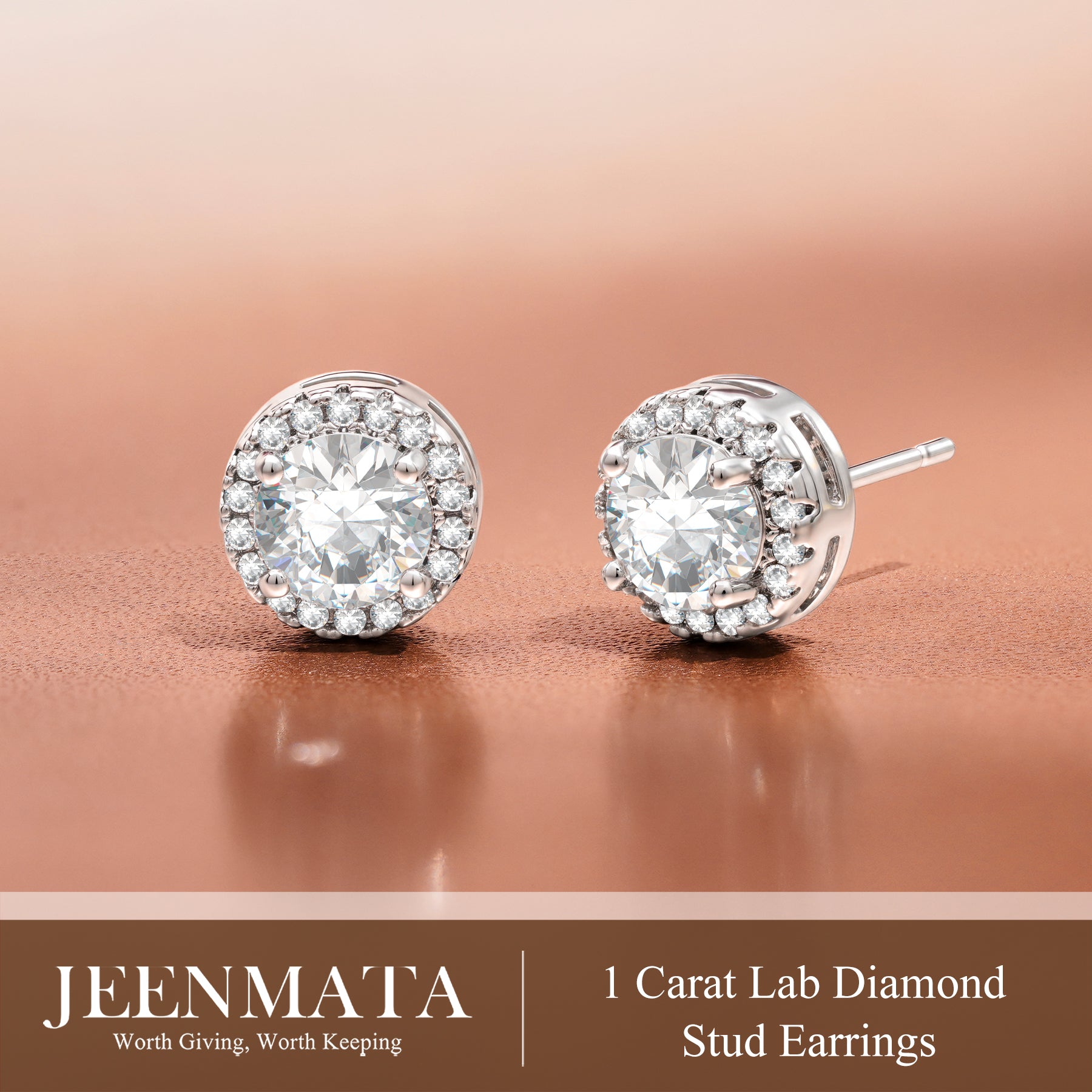JeenMata Lab Grown Diamond 1 Carat Round Brilliant Cut Halo Stud Earrings in 18K White Gold Plating for Women