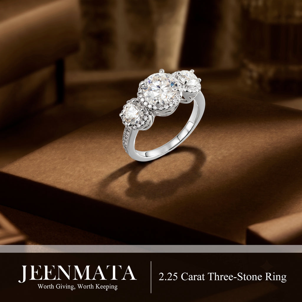 JeenMata 2.25 Carat Round Brilliant Cut Moissanite - Three Stone Engagement Rings in 18K White Gold Plating for Women