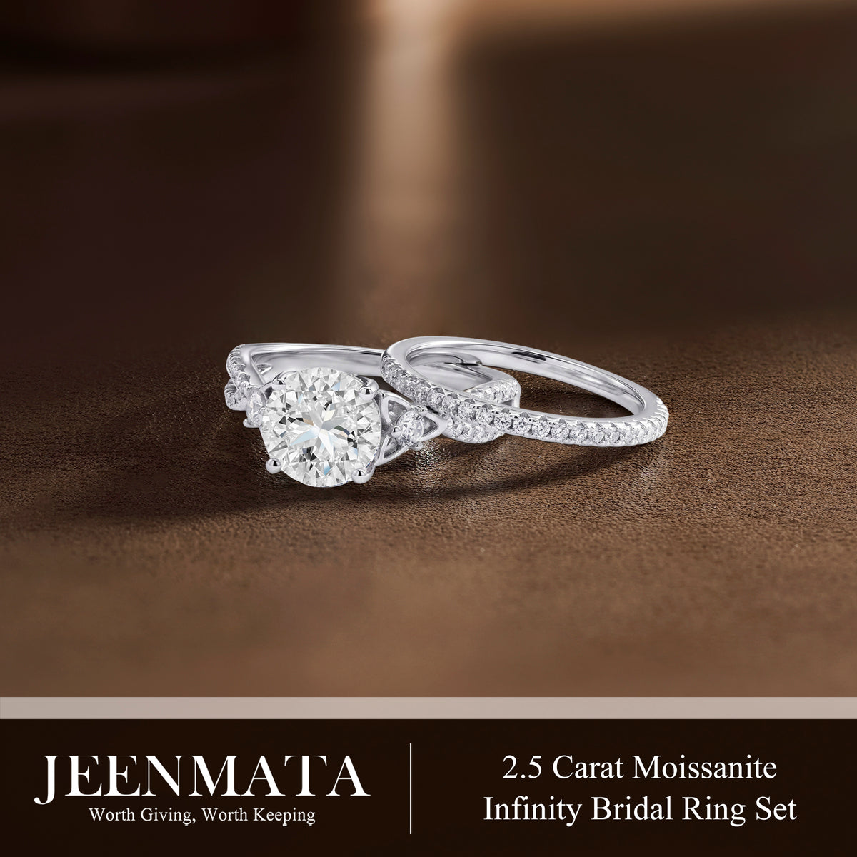 JeenMata 2.5 Carat Round Brilliant Cut Moissanite - Infinity Bridal Ring Set in 18K White Gold Plating for Women