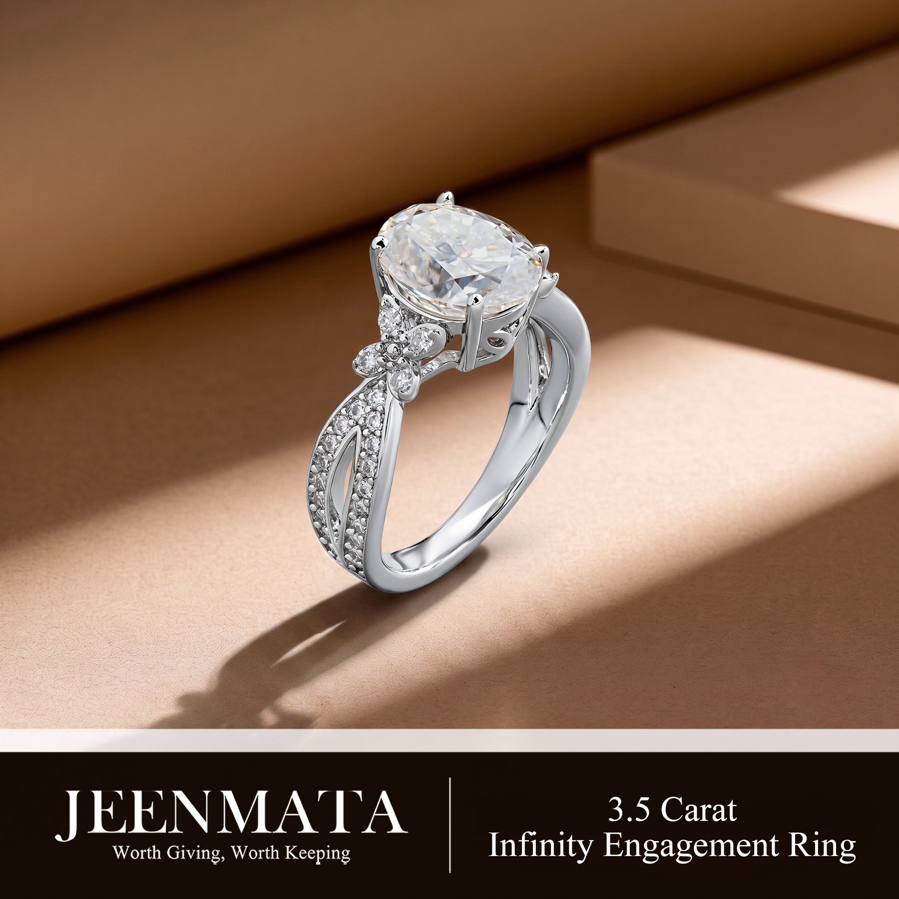 JeenMata 3.5 Carat Oval Cut Moissanite - Butterfly Infinity Engagement Ring in 18K White Gold Plating for Women