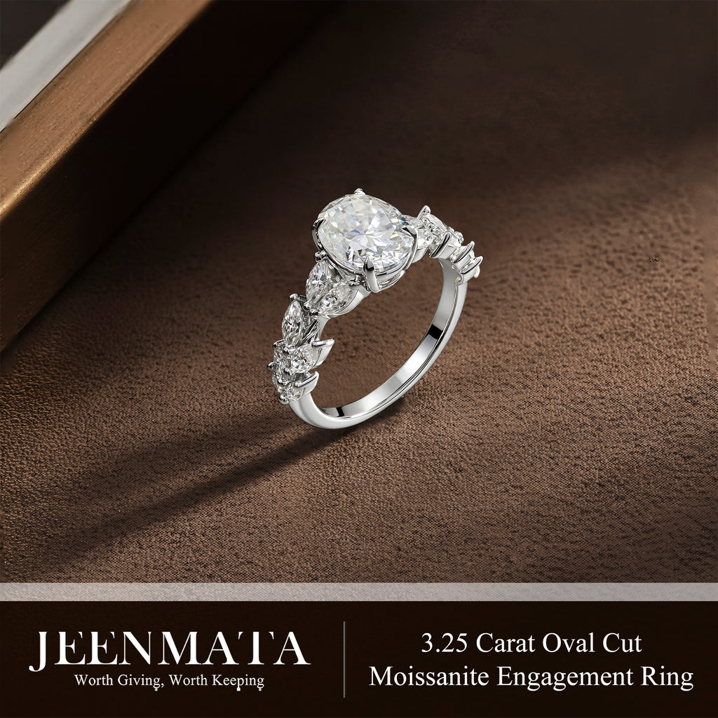JeenMata 3.25 Carat Oval Cut Moissanite Vintage Style Leaf Vine Engagement Ring in 18K White Gold Plated for Women