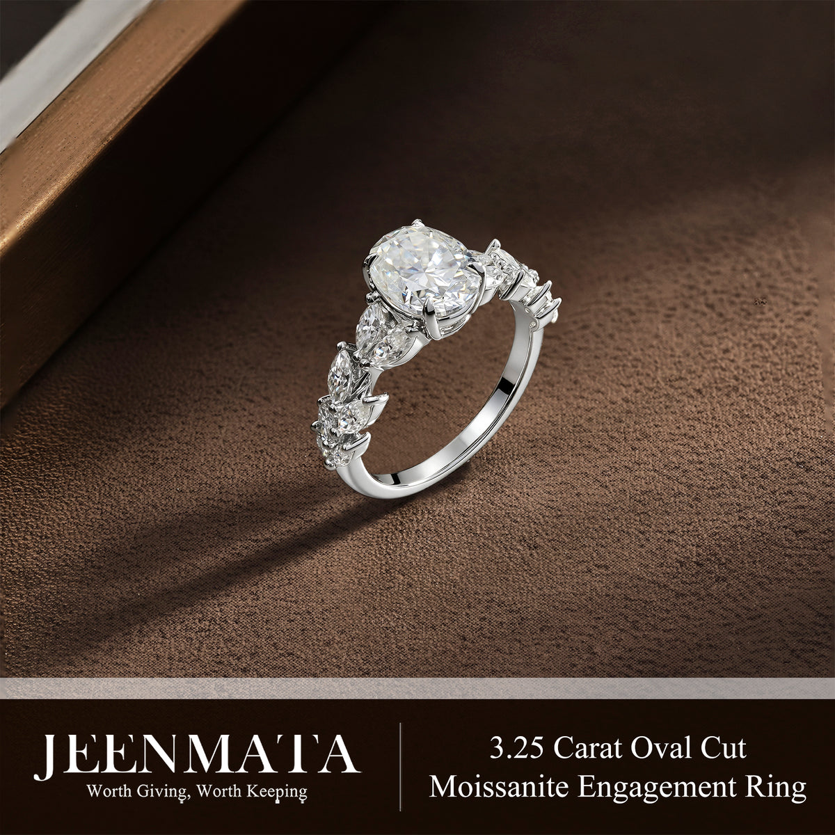 JeenMata 3.25 Carat Oval Cut Moissanite Vintage Style Leaf Vine Engagement Ring in 18K White Gold Plated for Women