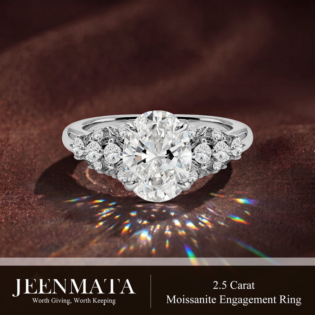 JeenMata 2.5 Carat Oval Cut Moissanite - Multi-Stone Engagement Ring in 18K White Gold Plating for Women