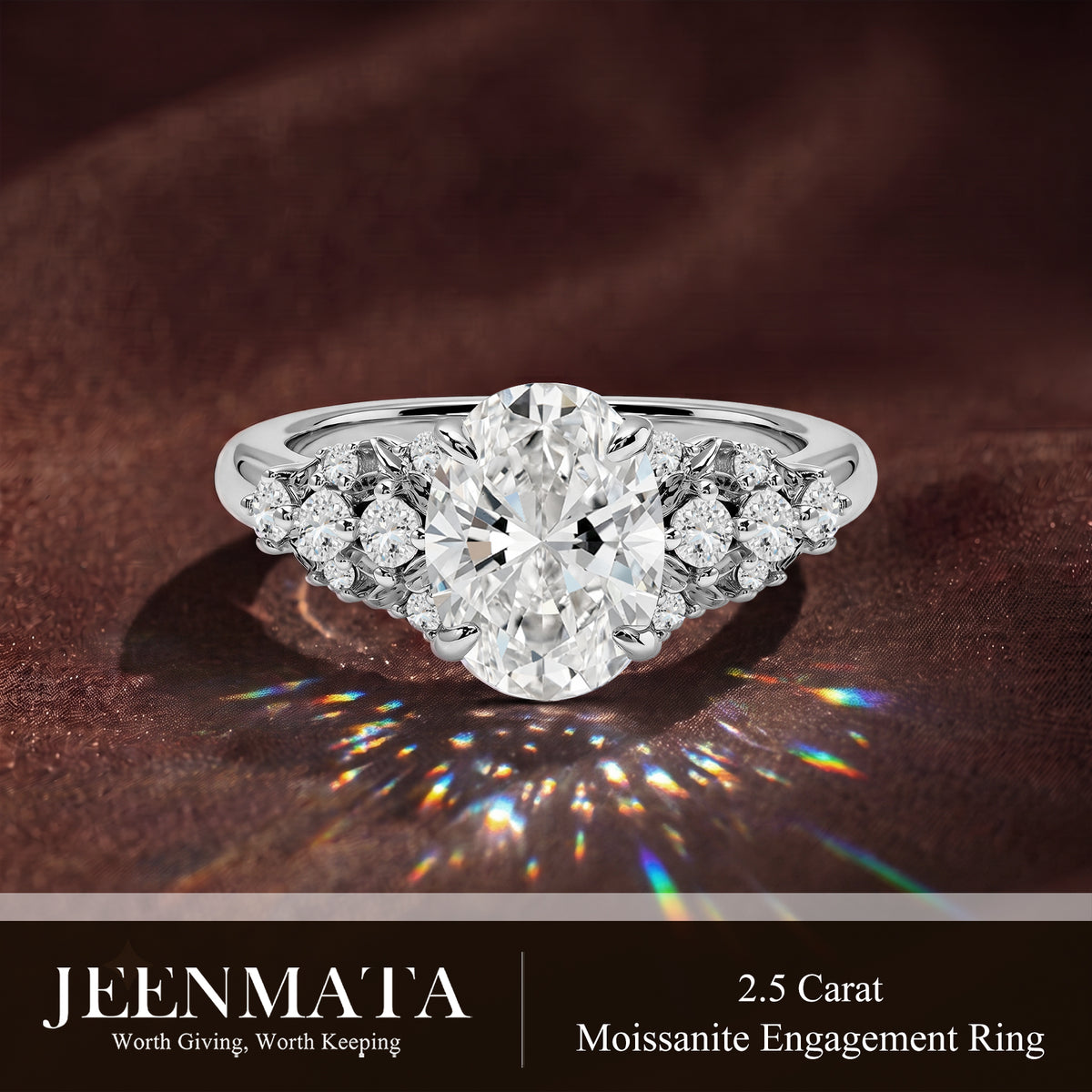 JeenMata 2.5 Carat Oval Cut Moissanite - Multi-Stone Engagement Ring in 18K White Gold Plating for Women