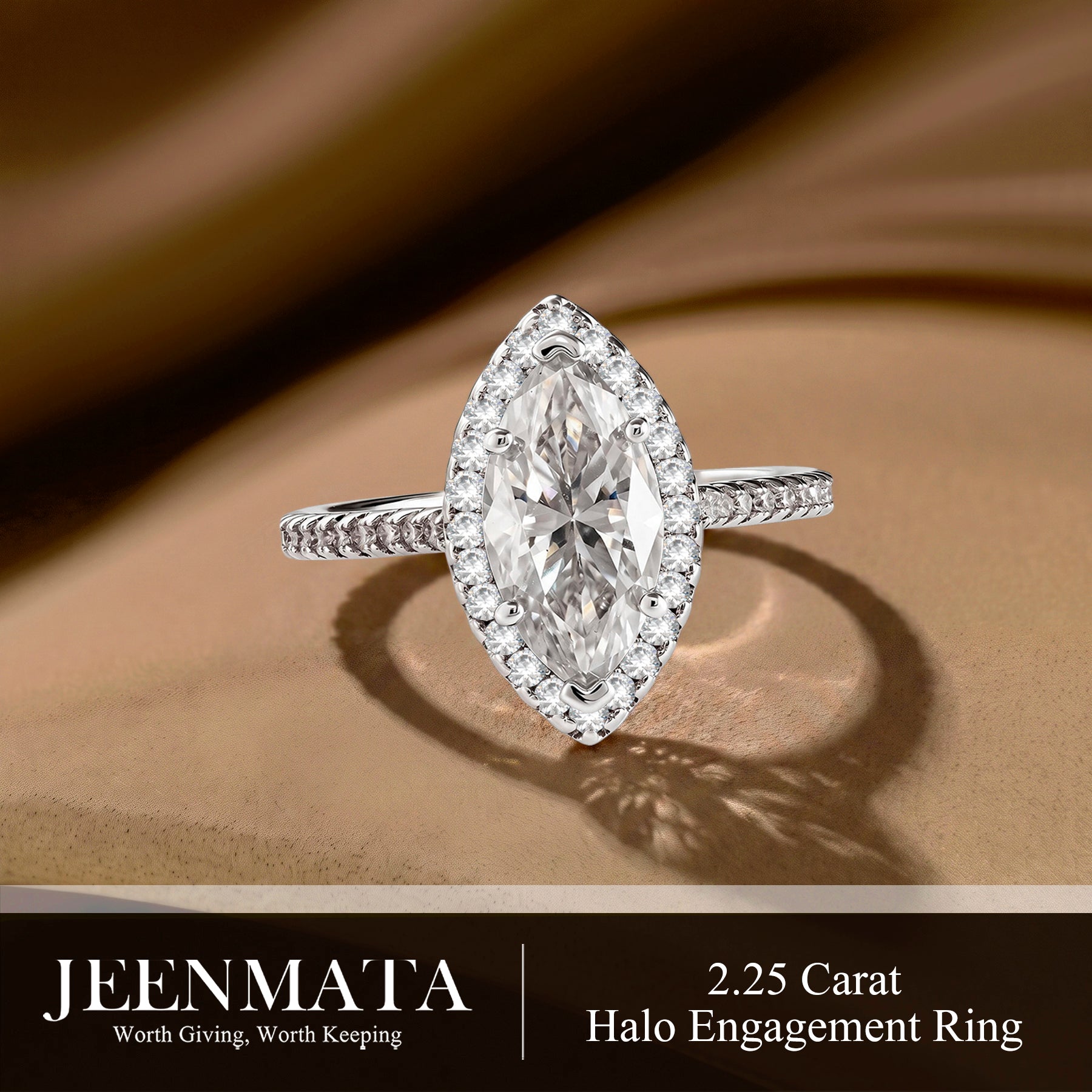 JeenMata 2.25 Carat Marquise Cut Moissanite Halo Engagement Ring for Women, Marquise Solitaire with Round Halo Accents in 18K White Gold Plating For Women