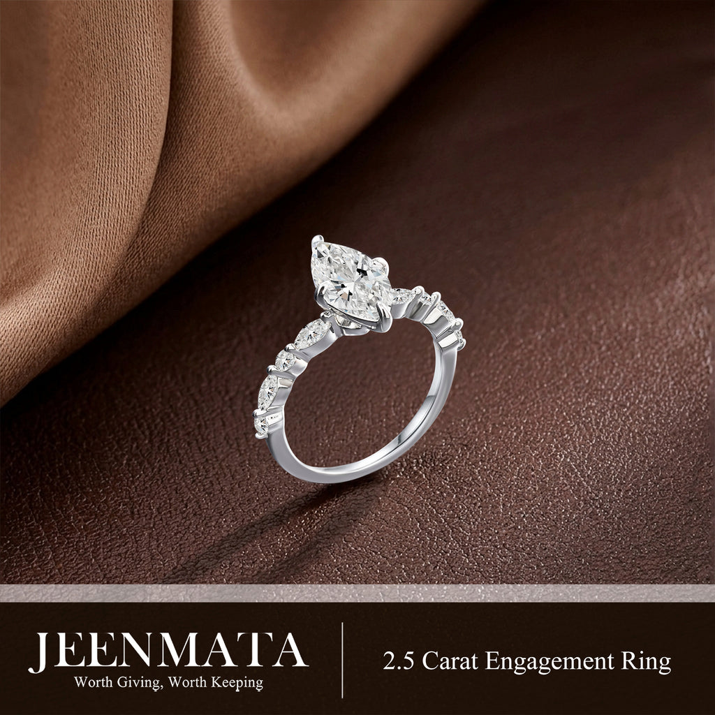 JeenMata 2.50 Carat Marquise Cut Moissanite Engagement Ring for Her, Solitaire Marquise Ring with Round & Marquise Side Stones in 18K White Gold Plating for Women