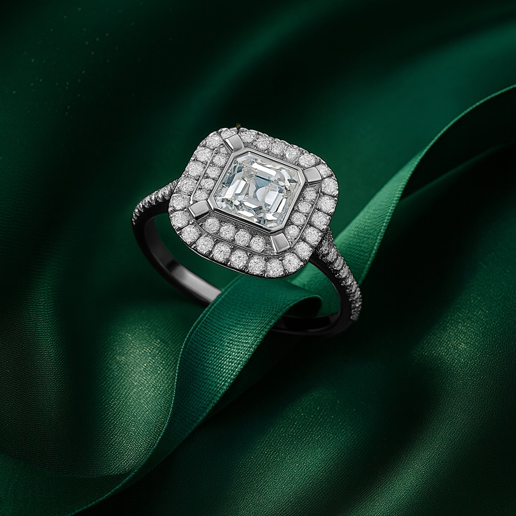 1 Ct Asscher Cut Double Halo Moissanite Engagement Ring