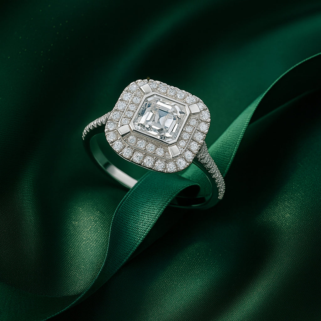 1 Ct Asscher Cut Double Halo Moissanite Engagement Ring