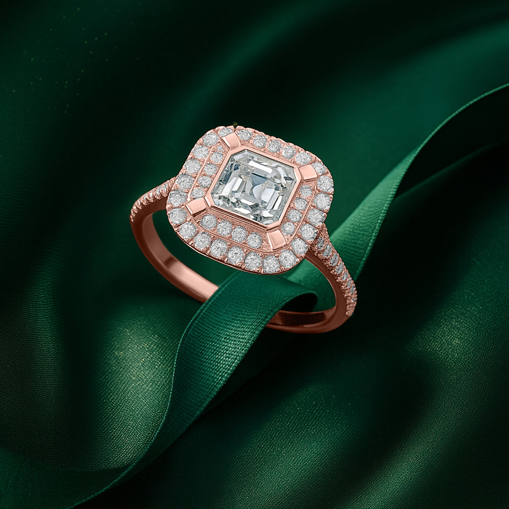 1 Ct Asscher Cut Double Halo Moissanite Engagement Ring