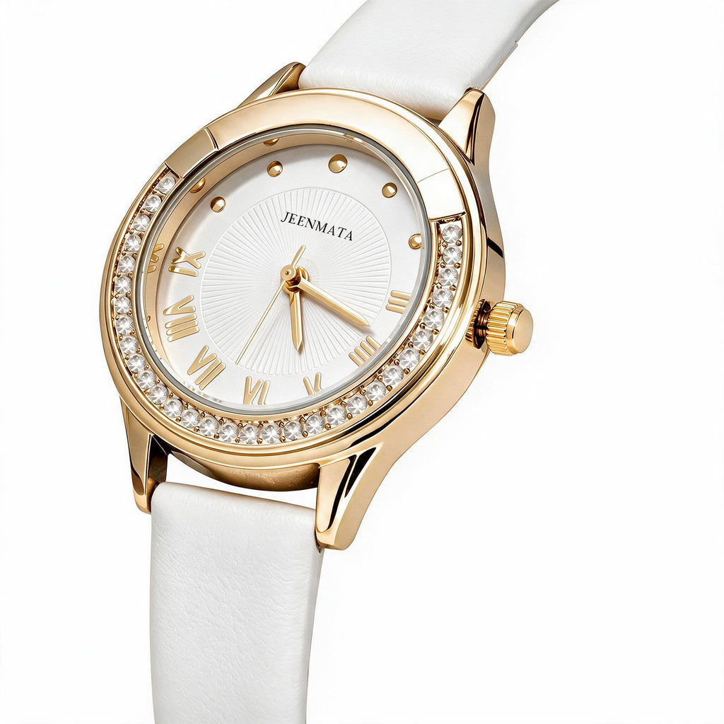 JeenMata Women's Luxe White & Gold Watch - Rhinestone Accent Gold Case, White Roman Numeral Dial, Water Resistant Fashion Strap Watch