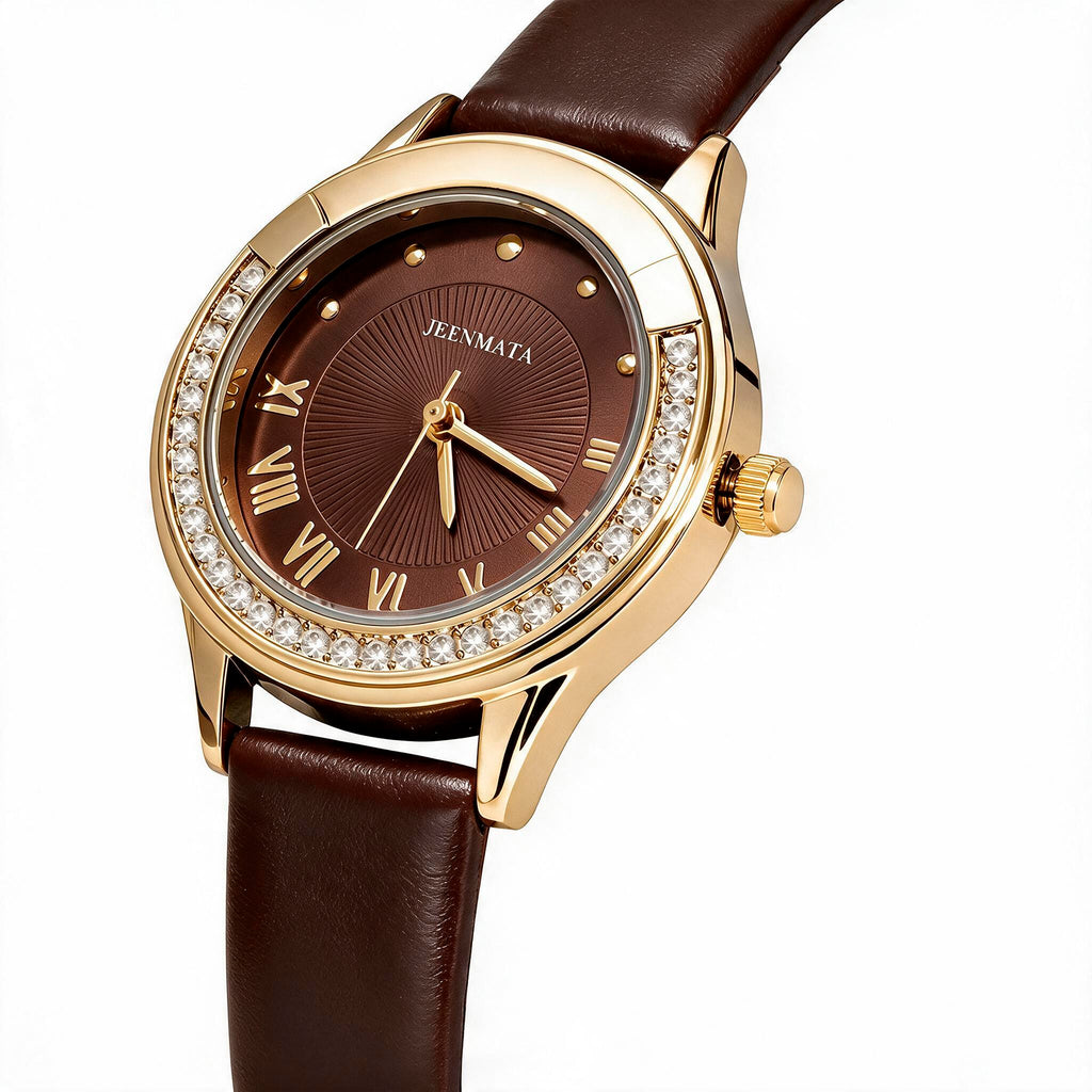 JeenMata Women's Vintage Gold & Brown Watch - Crystal Bezel Gold Case, Deep Brown Dial, Water Resistant Leatherette Wrist Watch