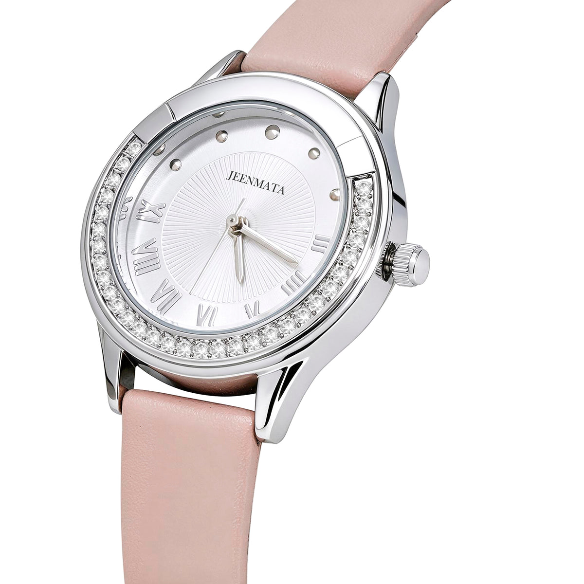 JeenMata Women's Rhinestone Analog Watch - Silver Case with White Dial, Roman Numerals, Water Resistant Soft Pink Strap Wrist Watch